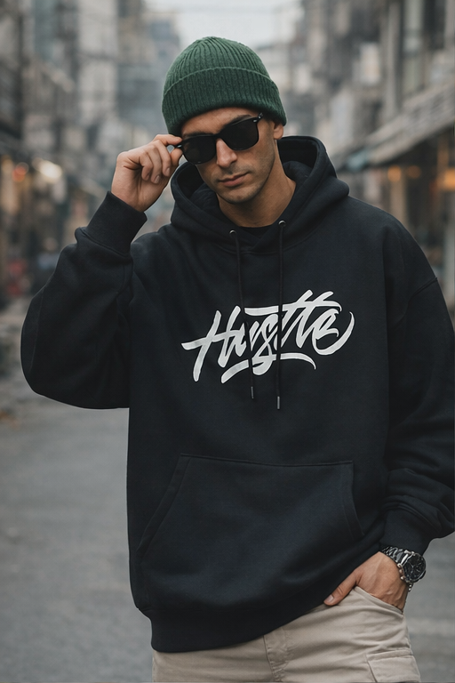 Hustle Black Oversized Back Graphic Printed Hoodie (Copy)