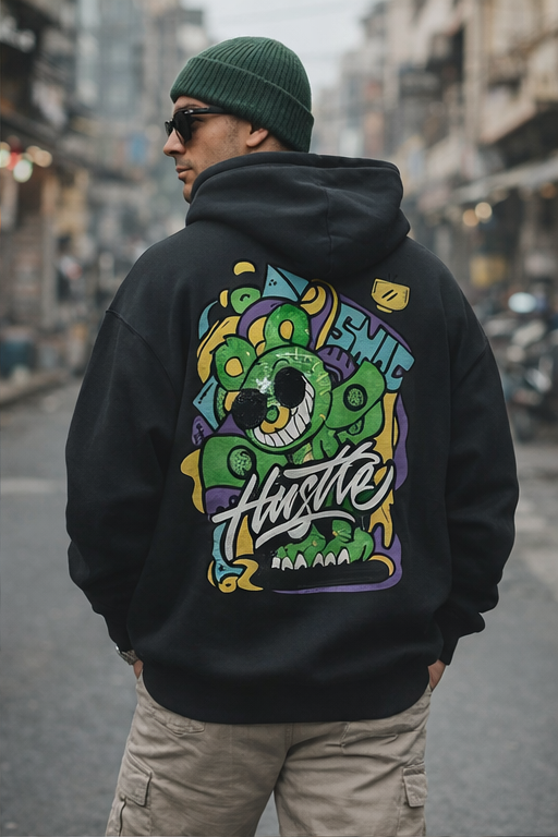 Hustle Black Oversized Back Graphic Printed Hoodie