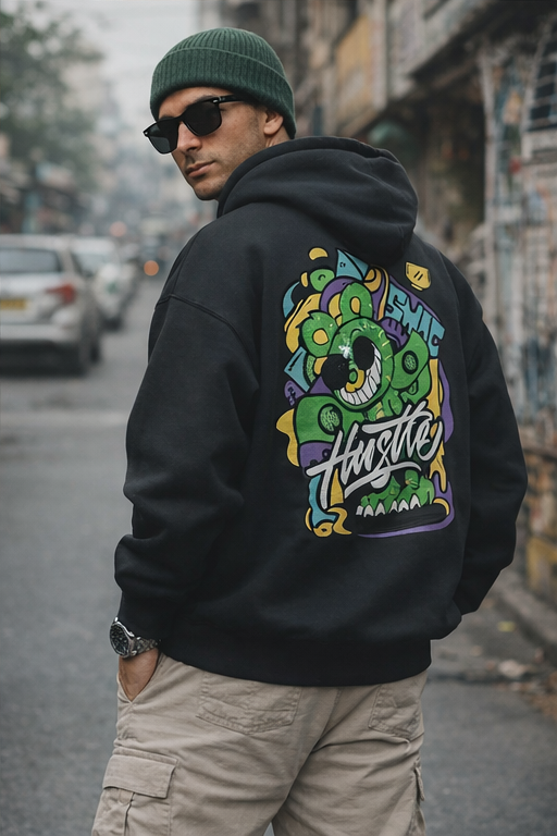 Hustle Black Oversized Back Graphic Printed Hoodie (Copy)